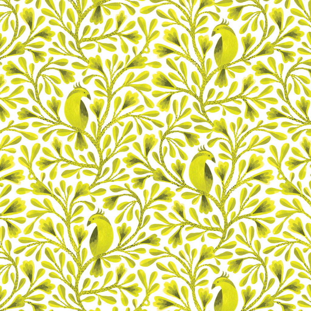 Dark Lime Citrine Birds and Branches Cotton 44/45 Fabric Per Yard