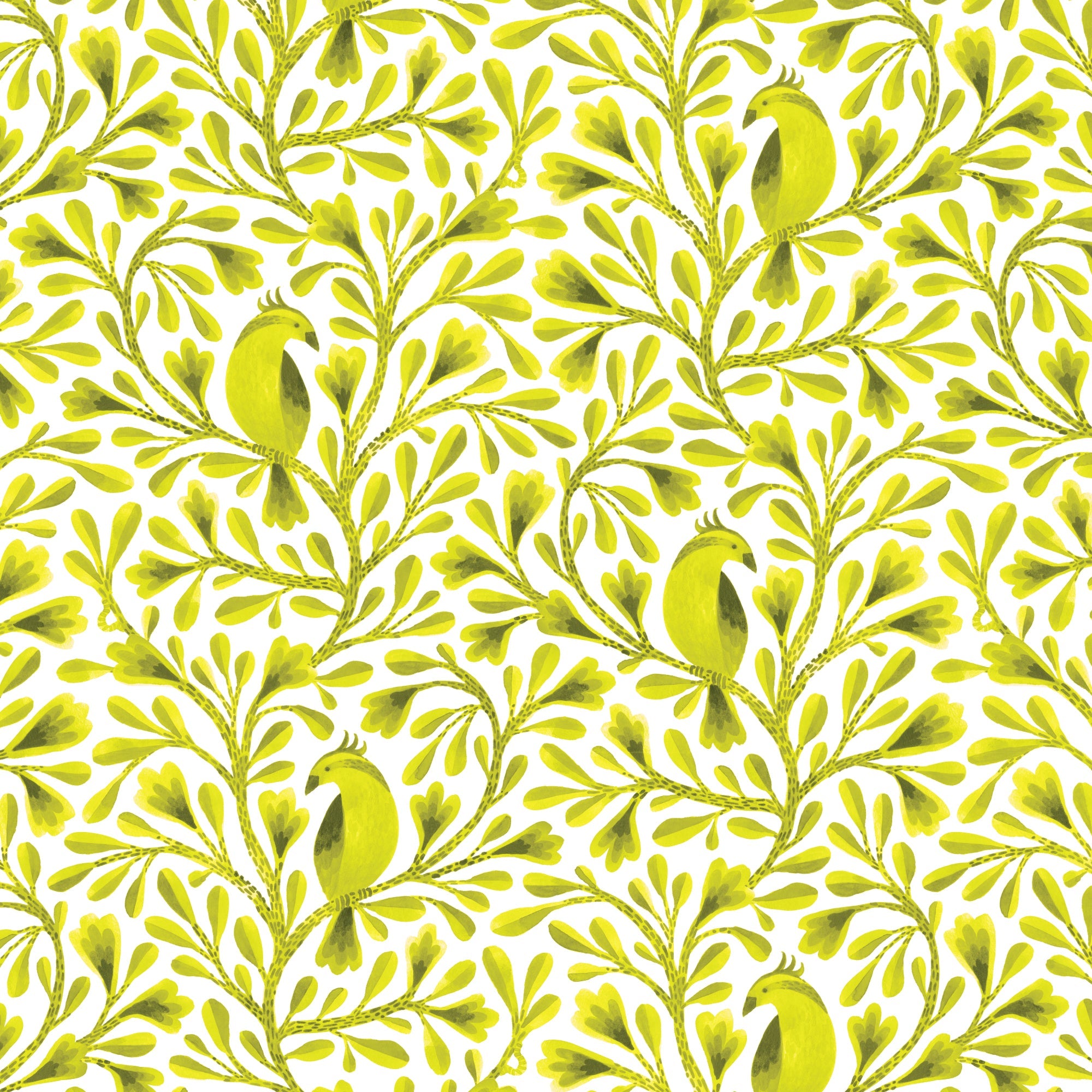 Dark Lime Citrine Birds and Branches Cotton 44/45 Fabric Per Yard