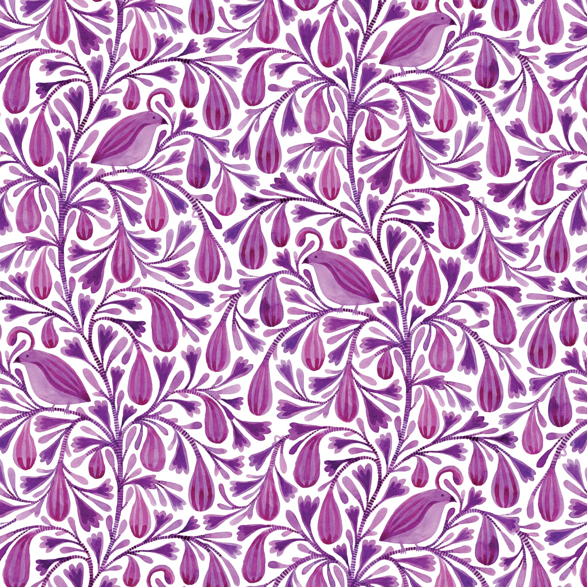 Dark Magenta Prince Birds and Branches Cotton 44/45 Fabric Per Yard