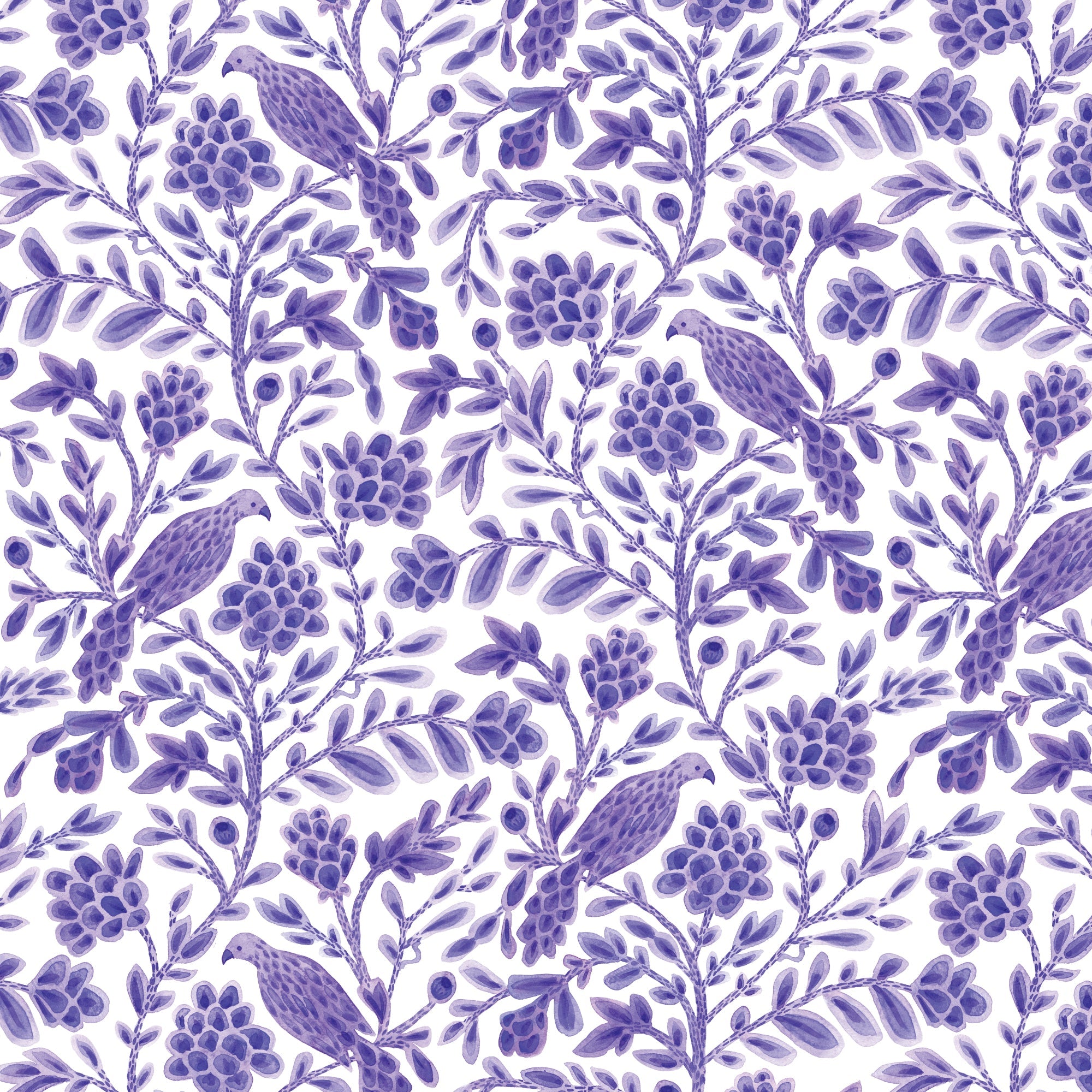 Purple Yolanda Birds and Branches Cotton 44/45 Fabric Per Yard