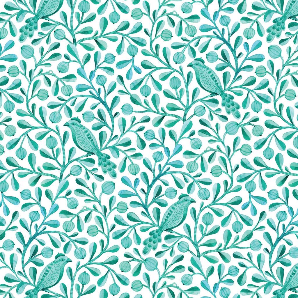 Turquoise Felipe Birds and Branches Cotton 44/45 Fabric Per Yard