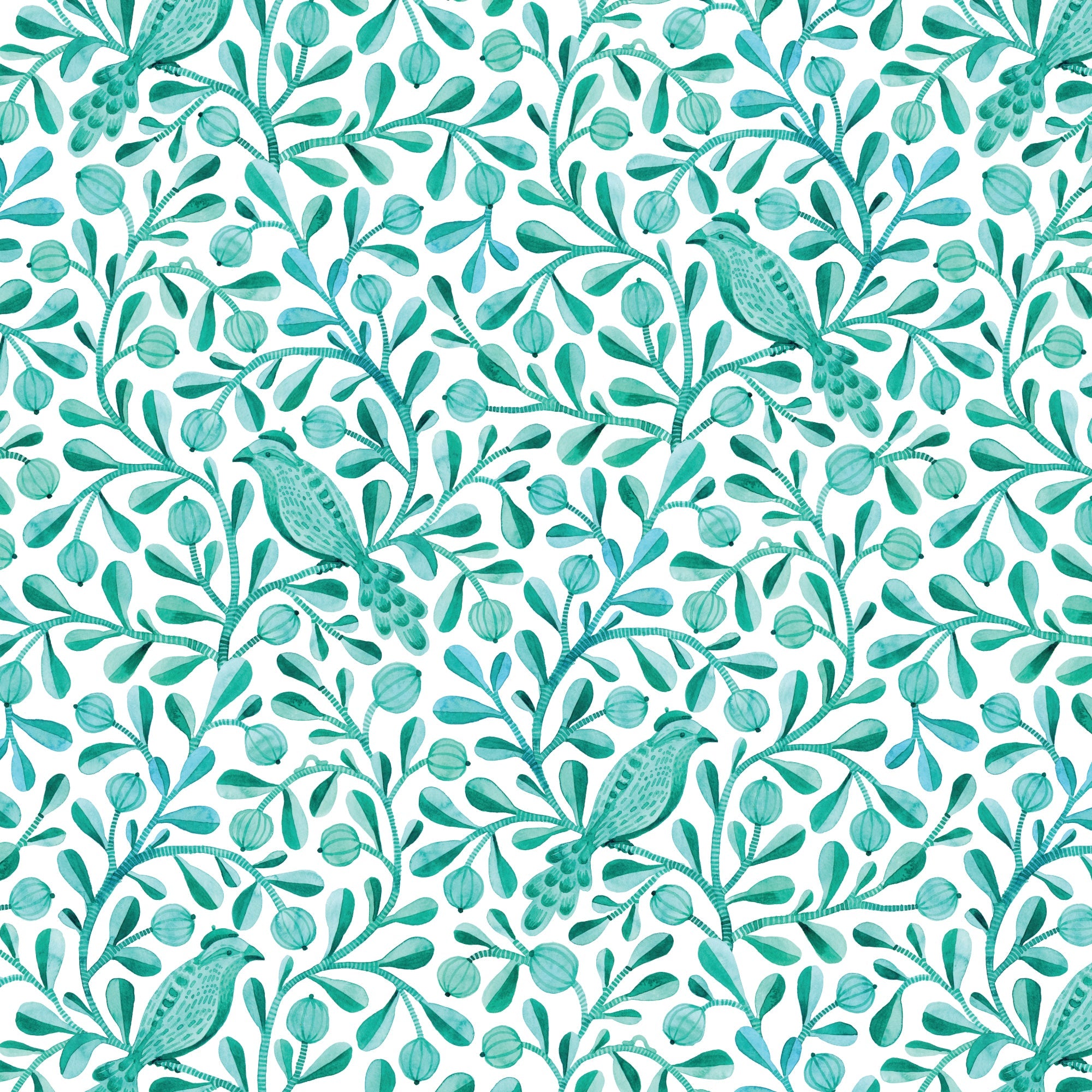Turquoise Felipe Birds and Branches Cotton 44/45 Fabric Per Yard