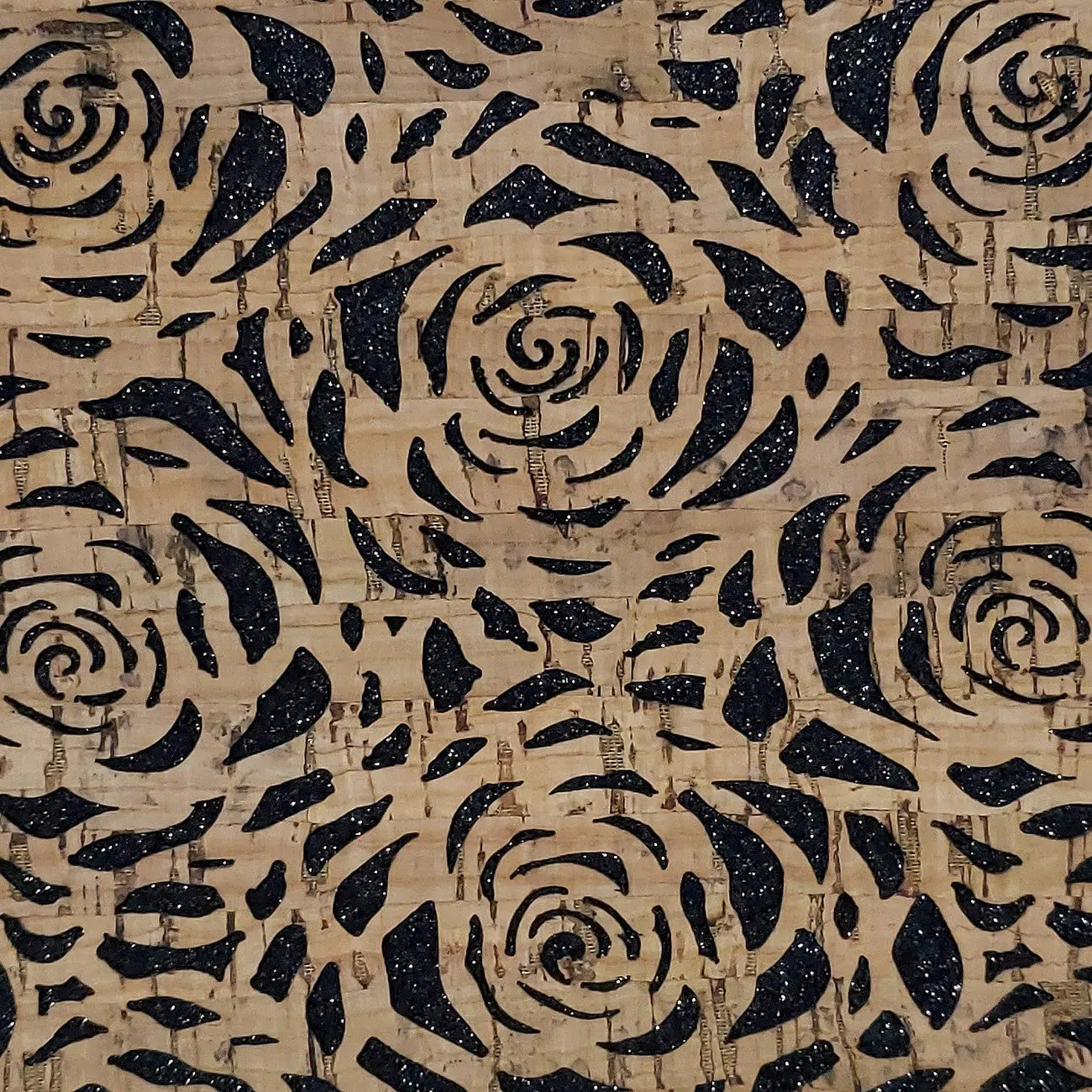 Black Glitter Backed Roses Pro Lite Cork 1/2 yard