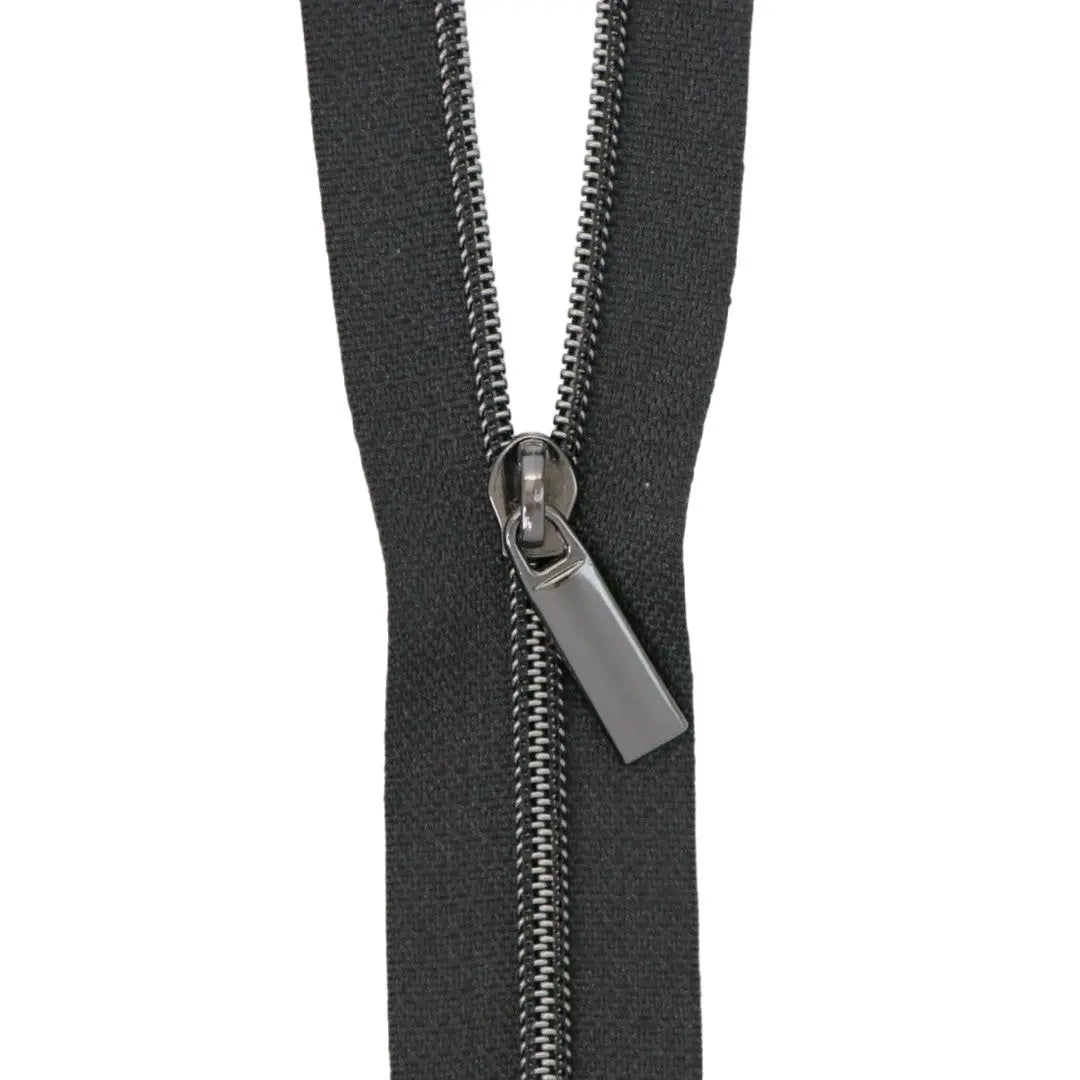 Black #3 Nylon Gunmetal Coil Zippers: 3 Yards with 9 Pulls