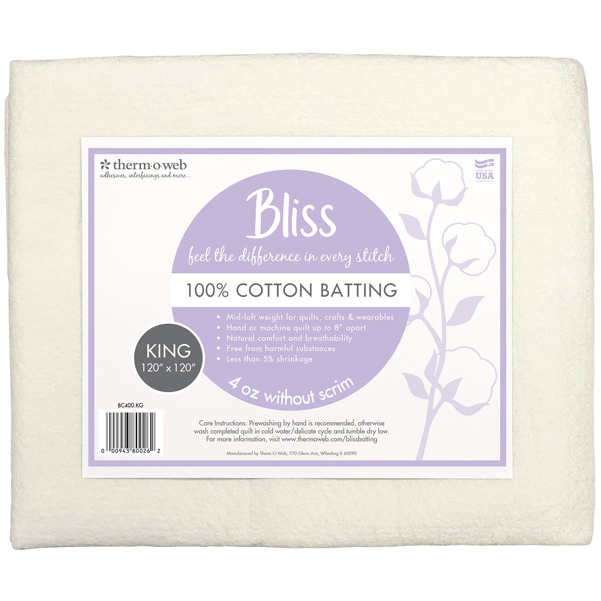 Bliss 100% Cotton Batting - King 120" x 120"