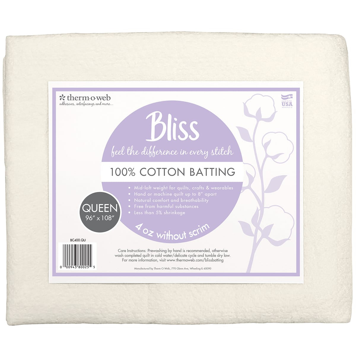 Bliss 100% Cotton Batting - Queen 108" x 96"
