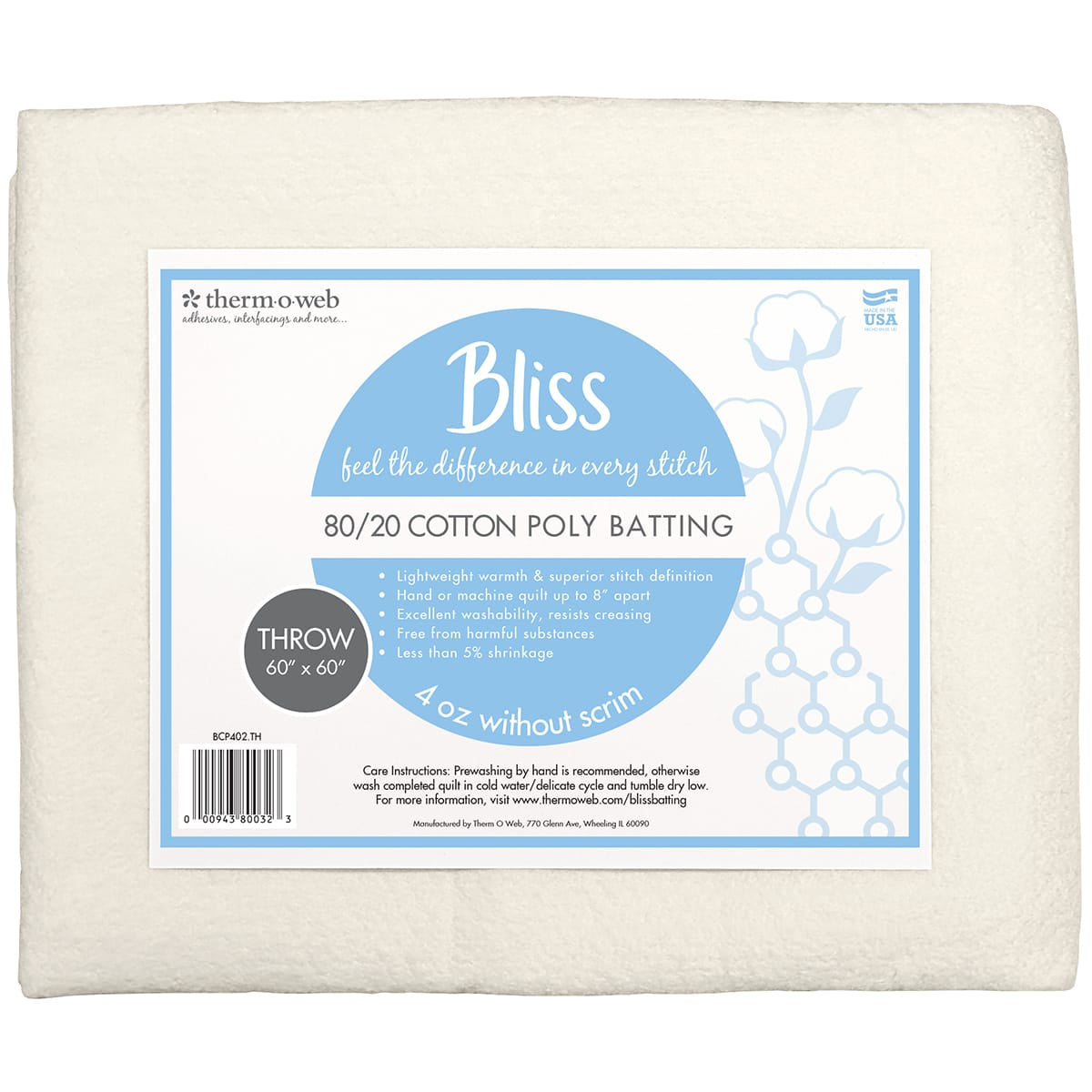 Bliss 80/20 Cotton Poly Batting - Throw 60" x 60"