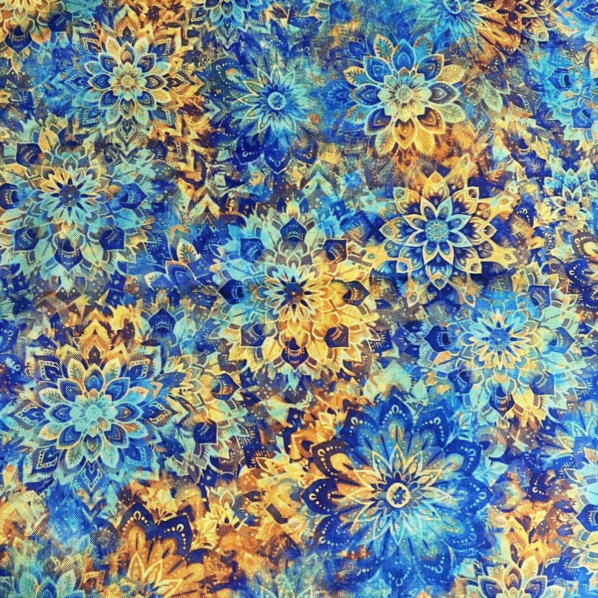 Blue Gold Quilt Back - Dancin' Dahlias 108" wide Fabric per yard