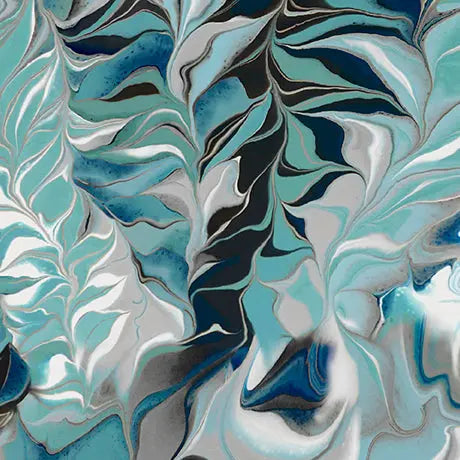 Blue Green Turquoise Fluid Fern Virtuoso Cotton 44"/45" Fabric Per Yard