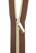 Brown #5 Nylon Gold Coil Zippers: 3 Yards with 9 Pulls