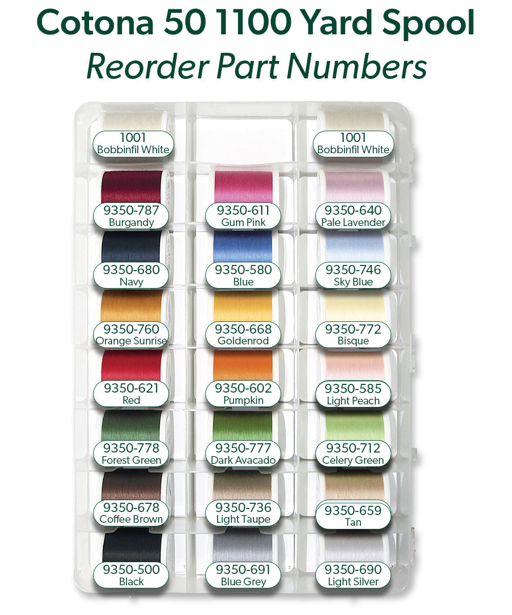 Cotona 50 – 1100-yard (1000m) Assortment Box, 42 Spools, 26 Solid Colors, 16 Variegated Colors