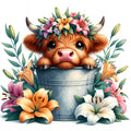 Cute Highland Cows in Buckets Fabric Panel 3