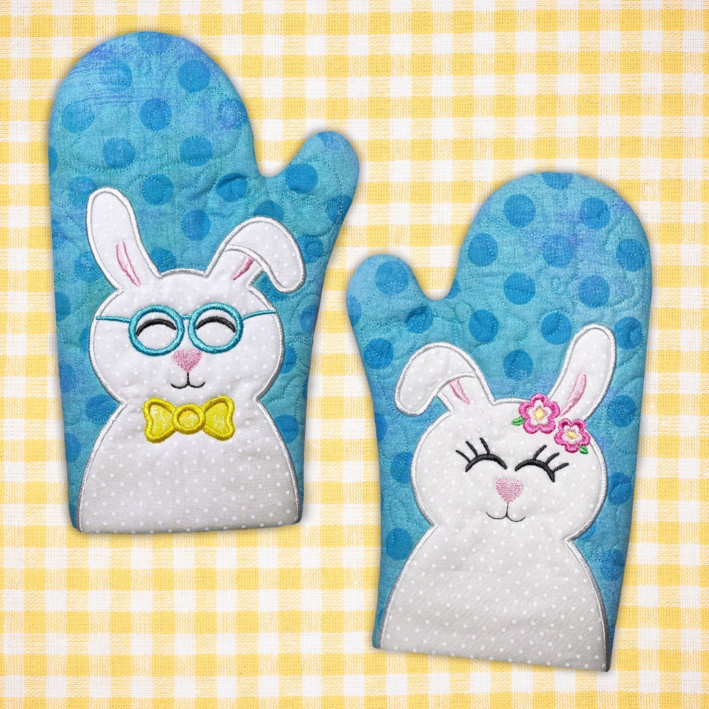 Easter Bunny Oven Mitts In the Hoop Machine Embroidery Design Set Pickle Pie Designs
