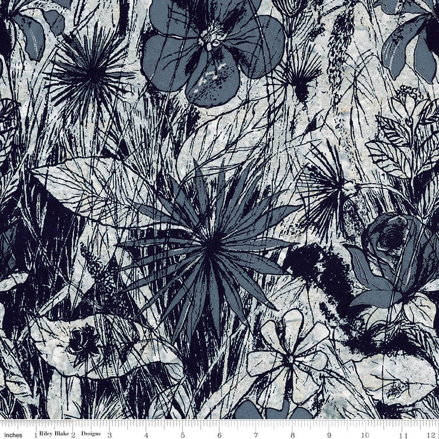 Expressions Batiks - Floral Reflections - Steel Sapphire 44" / 45" Fabric Per Yard