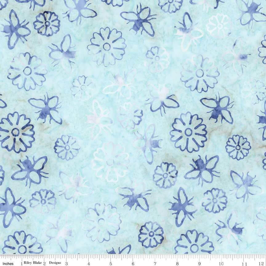 Expressions Batiks - Watercolor Daisies - Caribbean Shale 44" / 45" Fabric Per Yard