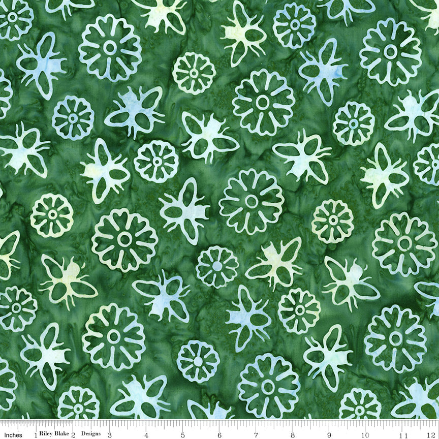 Expressions Batiks - Watercolor Daisies - Dark Vintage Green 44" / 45" Fabric Per Yard