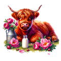 Floral Highland Cow Fabric Panel 4