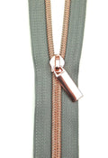 Grey #5 Nylon Rose Gold Coil Zippers: 3 Yards with 9 Pulls