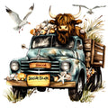 Highland Cows in Vintage Trucks Fabric Panel 10