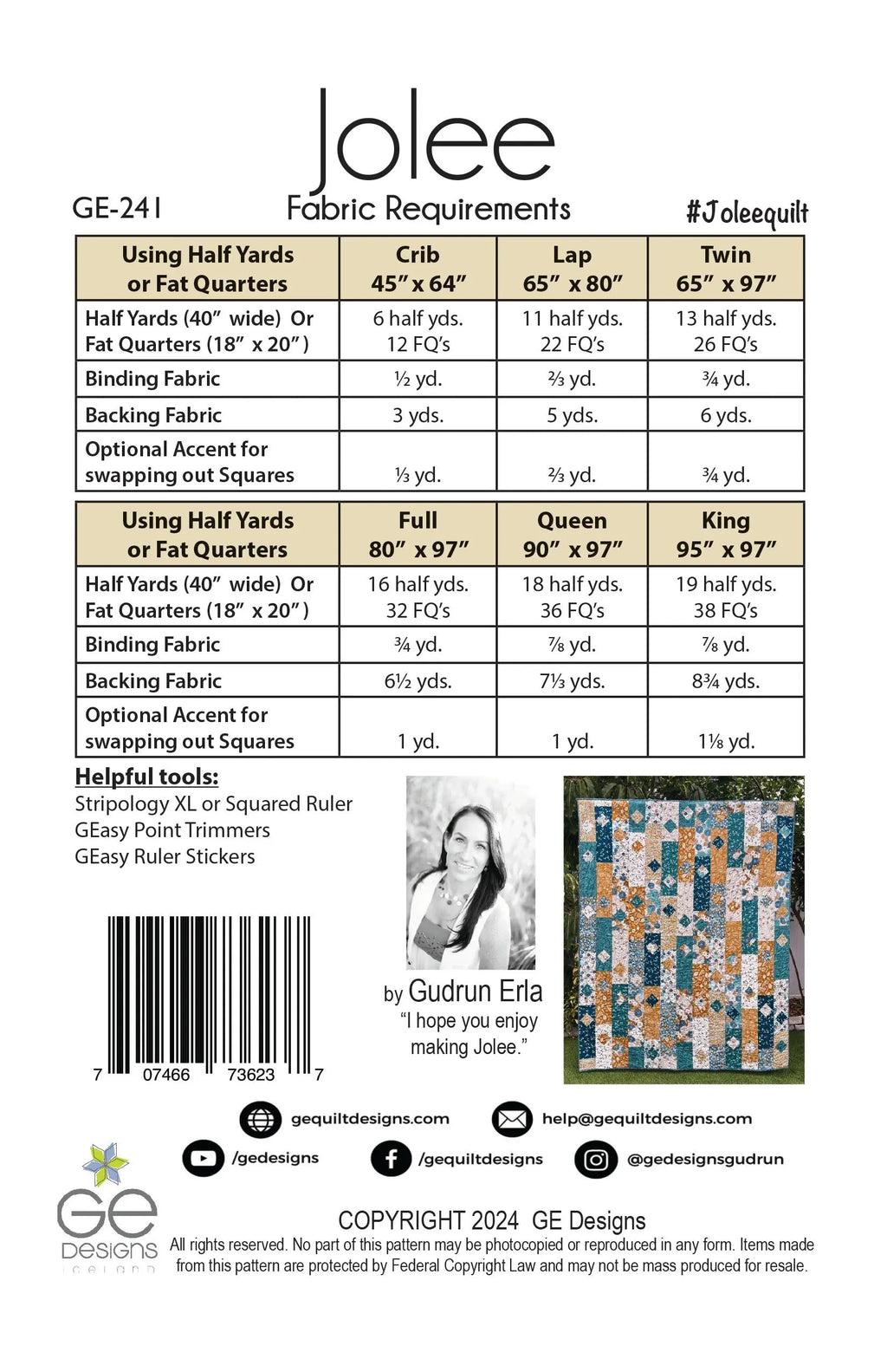 Jolee -  1/2 yard or Fat Quarter Pattern 241