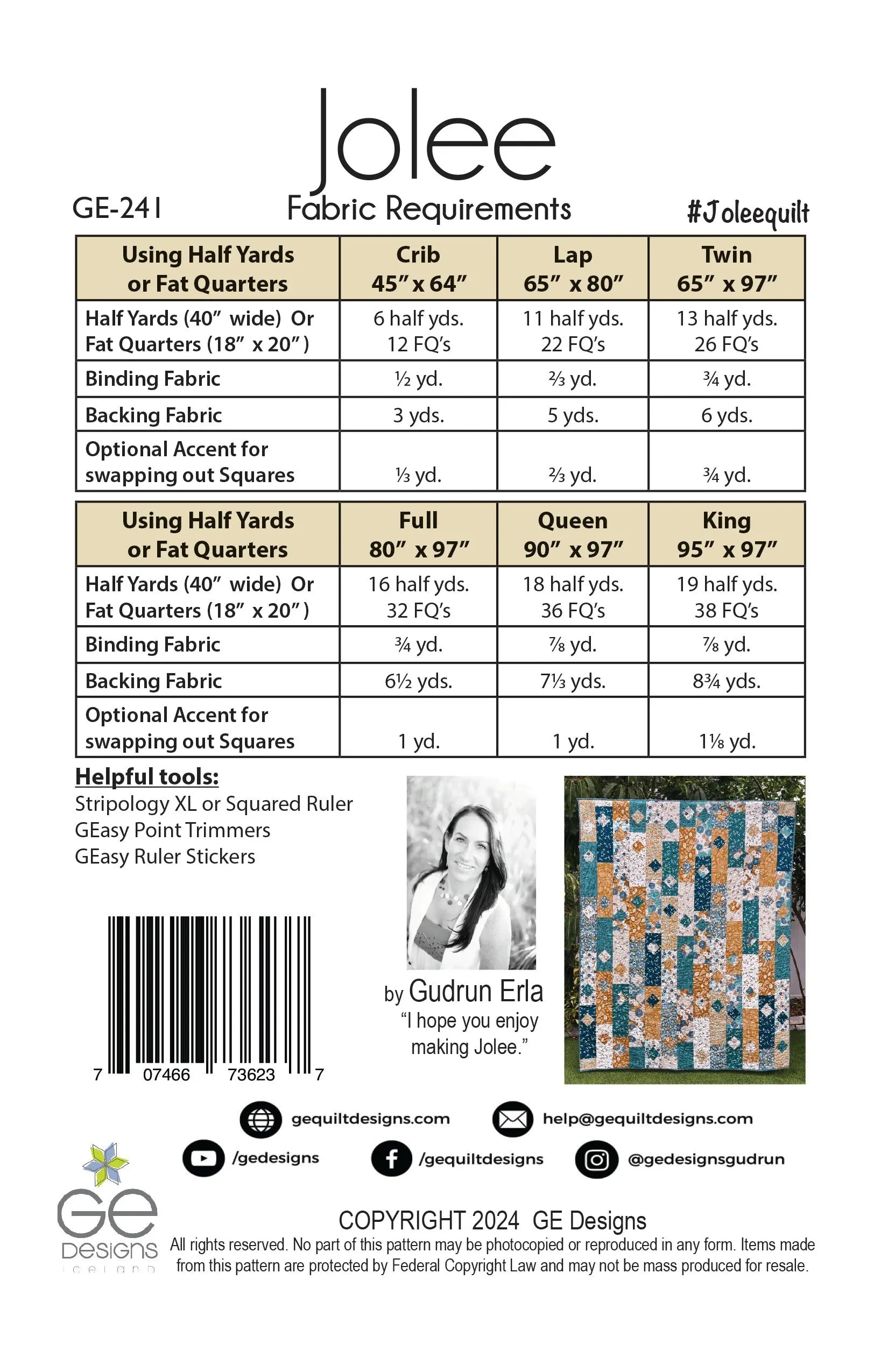Jolee -  1/2 yard or Fat Quarter Pattern 241