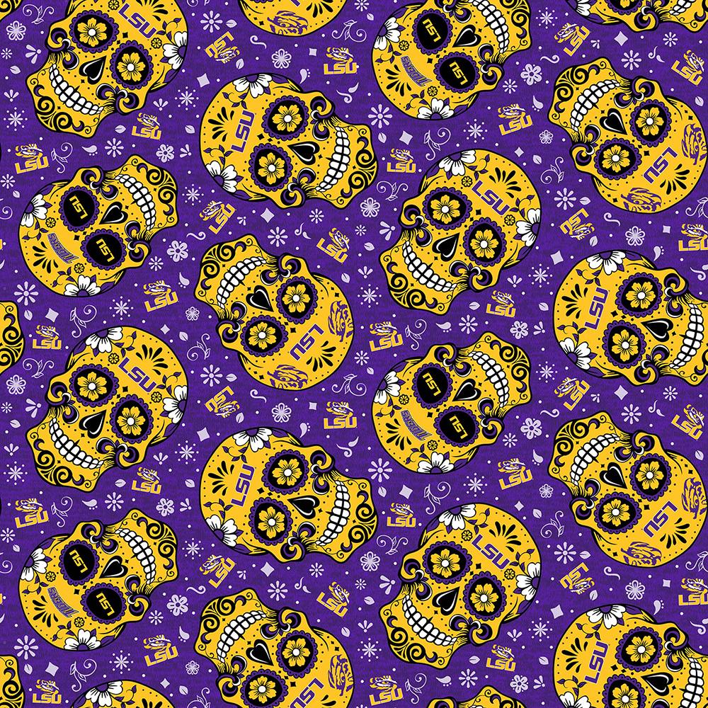 LSU Tigers - Tossed Sugar Skull 44"/45" Fabric per yard