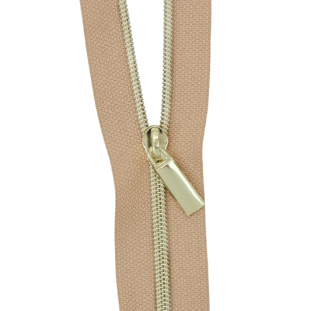 Natural #3 Nylon Gold Coil Zippers: 3 Yards with 9 Pulls