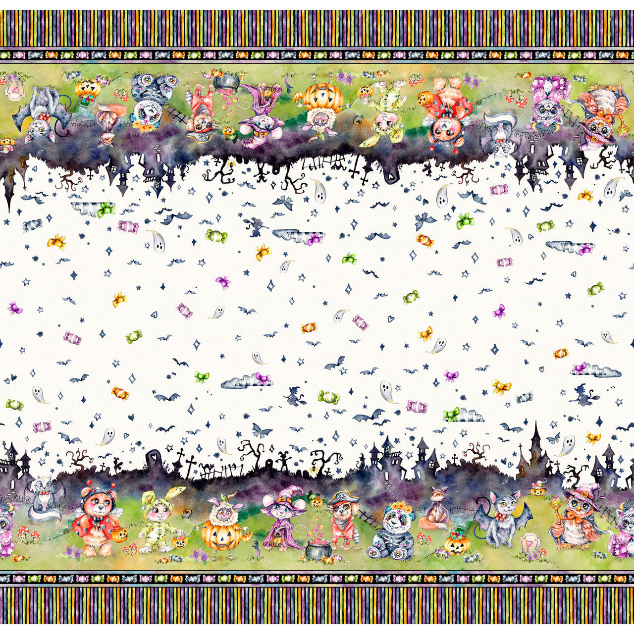 Halloween Scene Double Border Multi Cotton 44"/45" Fabric Per Yard