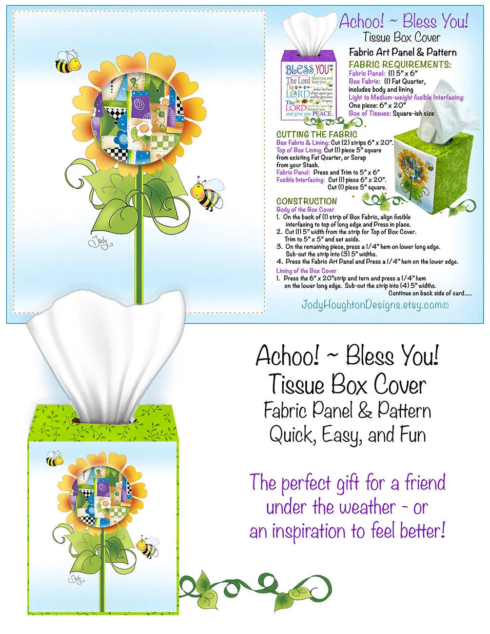 Patchwork Flower Tissue Box Panel and Pattern