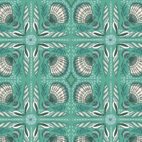 Seashell Serenade - Shell Tile - Green 44" / 45" Fabric Per Yard