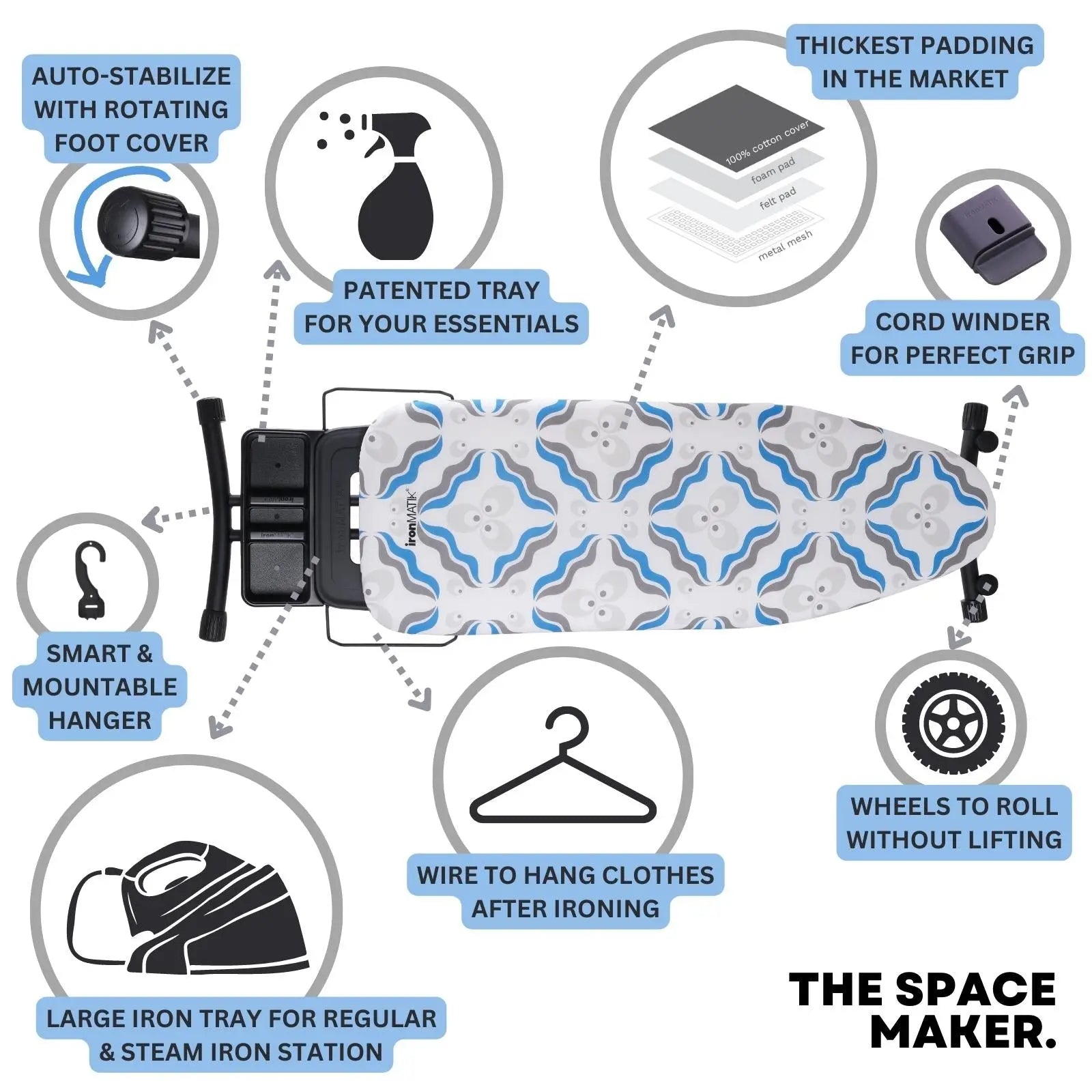 The BLACK Collection - Space Maker Premium Ironing Board in Chintamani Blue