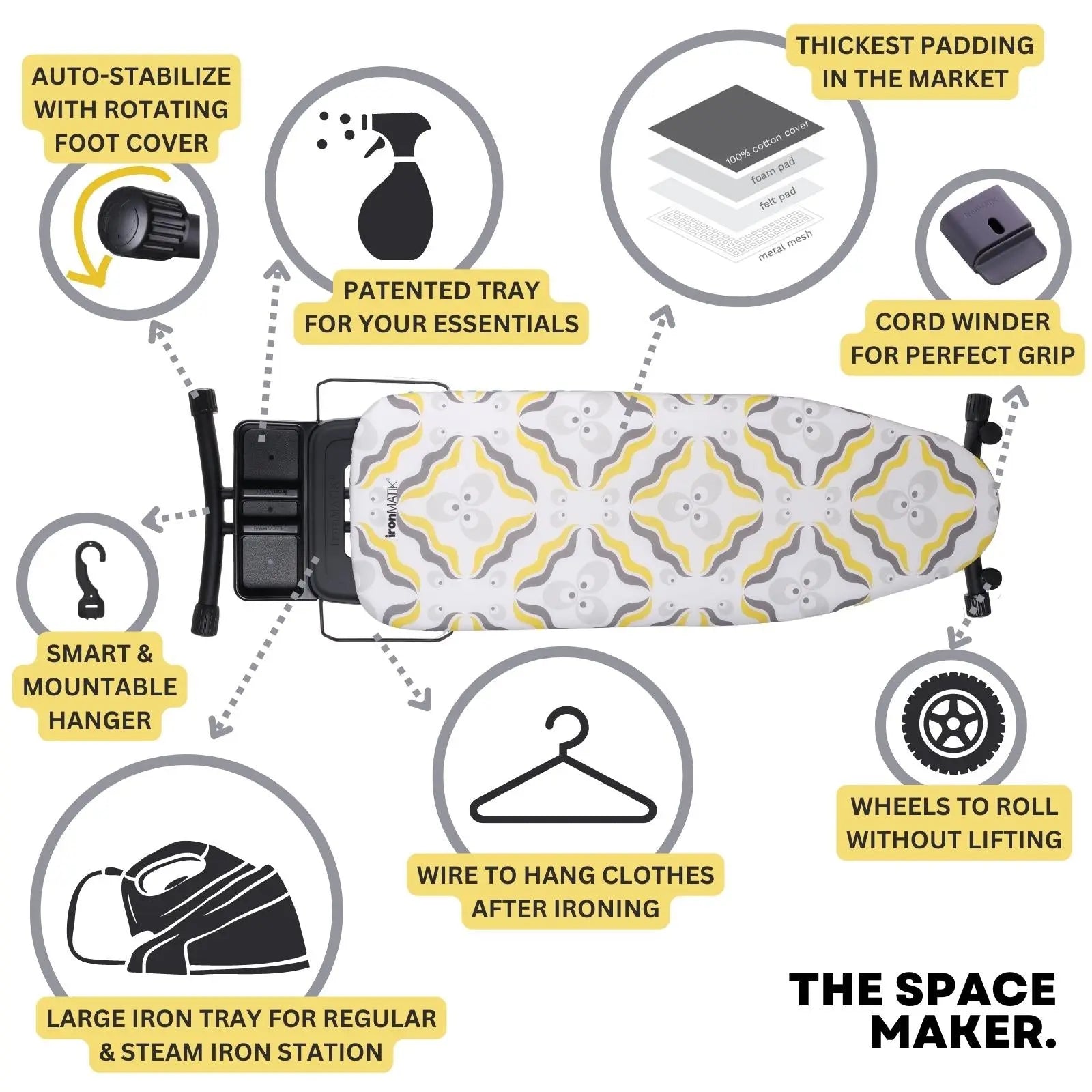 The BLACK Collection - Space Maker Premium Ironing Board in Chintamani Yellow