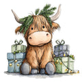 Vintage Christmas Highland Cows Fabric Panel 24