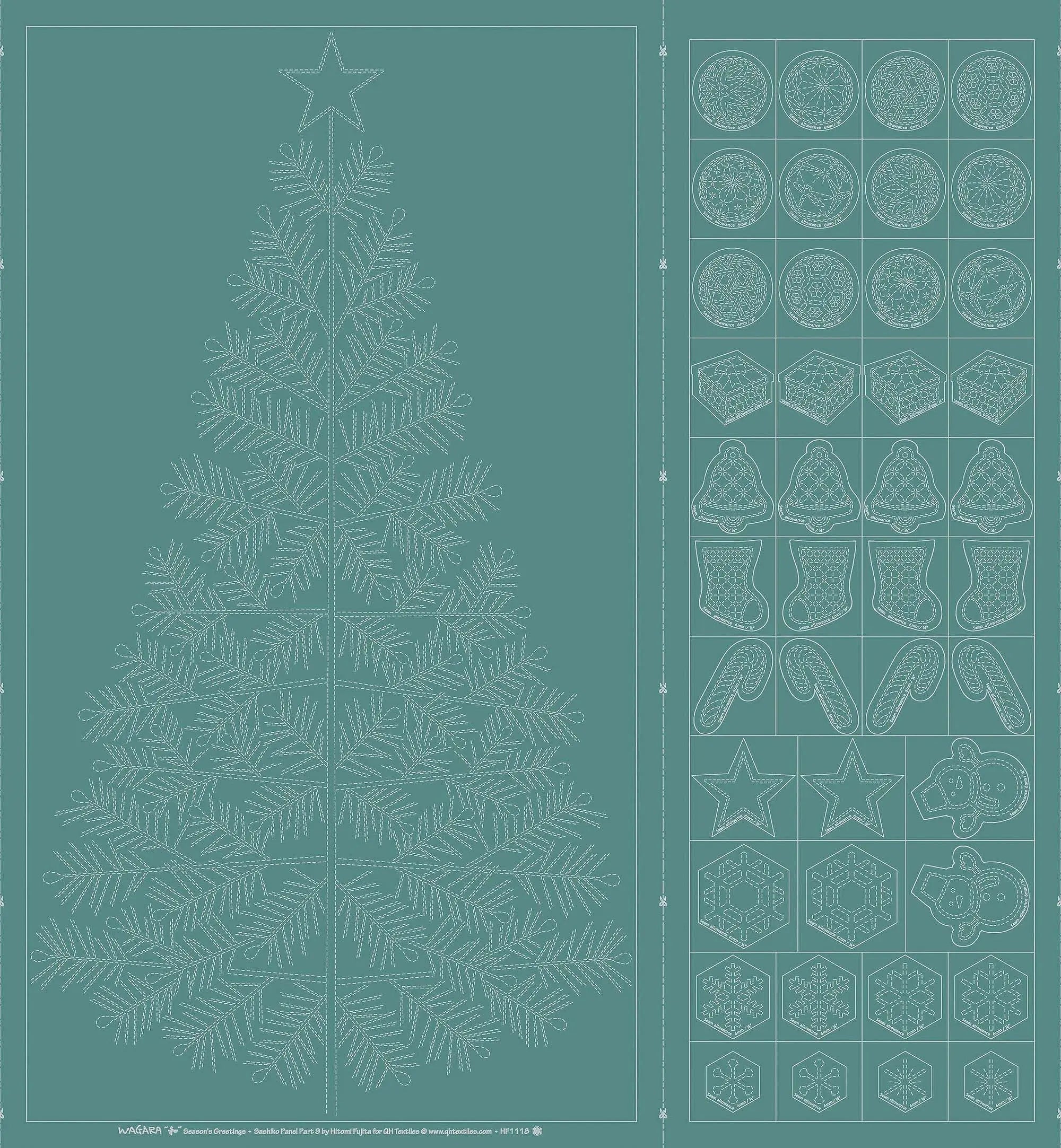 Wagara Sashiko Panel Season's Greeting Teal Blue