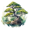 Watercolor Bonsai Tree Fabric Panel 1