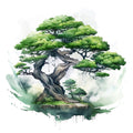 Watercolor Bonsai Tree Fabric Panel 5