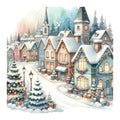Watercolor Christmas Village Fabric Panel 12