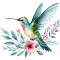 Watercolor Hummingbird Floral Fabric Panel 14