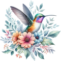 Watercolor Hummingbird Floral Fabric Panel 22