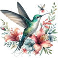 Watercolor Hummingbird Floral Fabric Panel 23