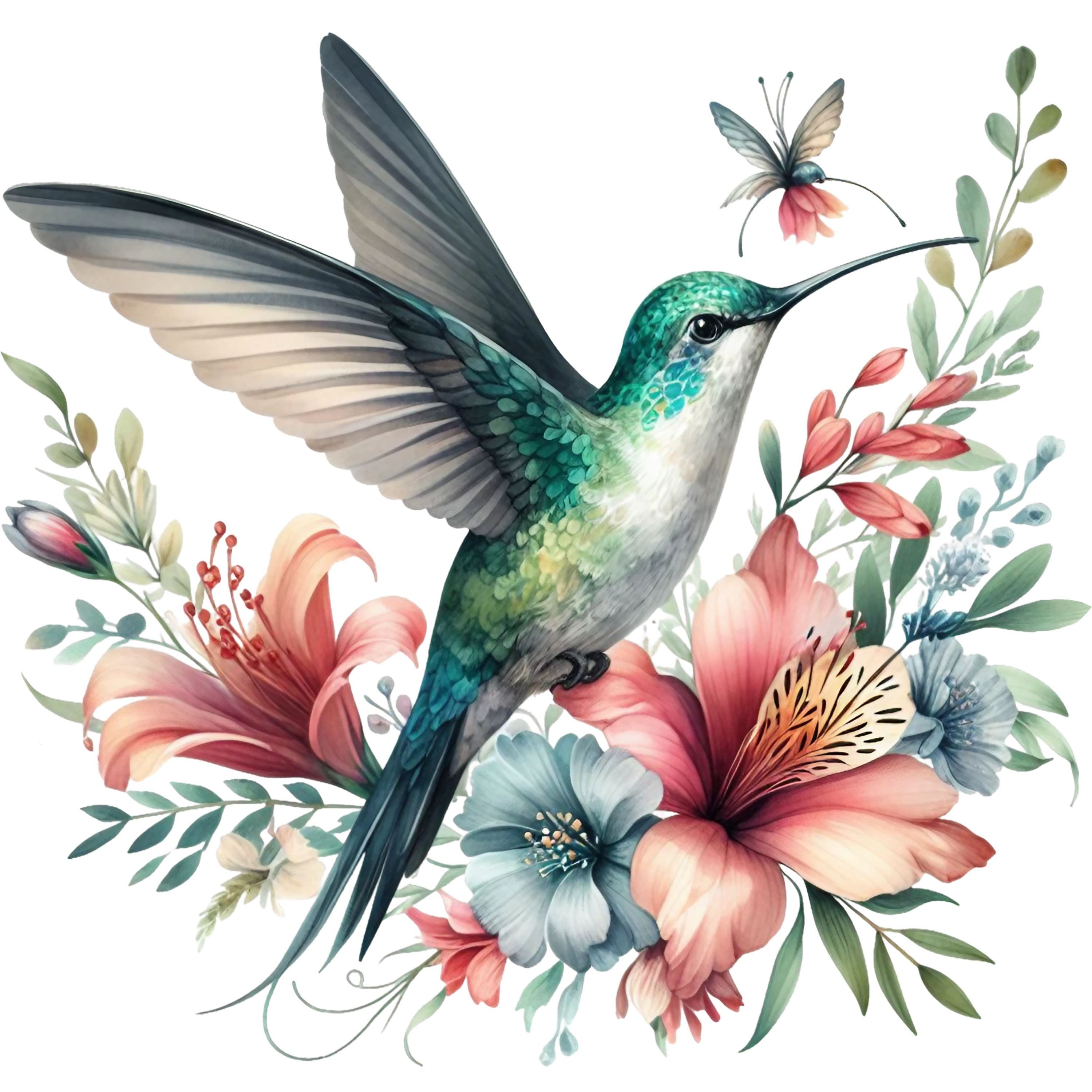 Watercolor Hummingbird Floral Fabric Panel 23