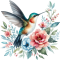 Watercolor Hummingbird Floral Fabric Panel 24