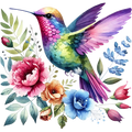 Watercolor Hummingbird Floral Fabric Panel 31