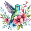 Watercolor Hummingbird Floral Fabric Panel 34