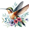Watercolor Hummingbird Floral Fabric Panel 6