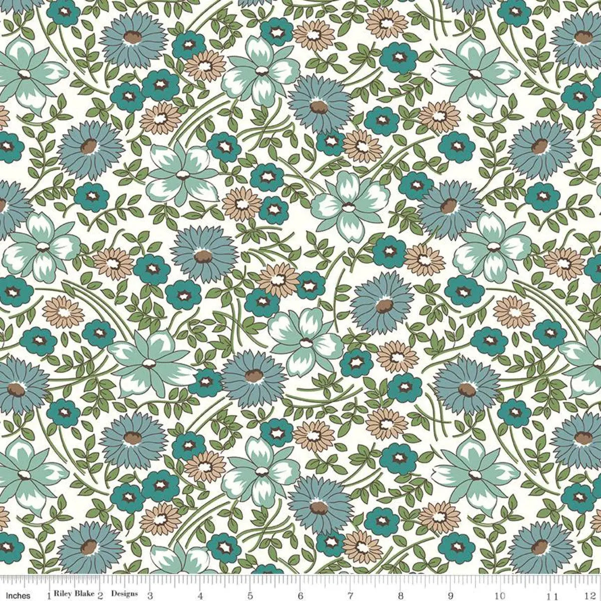 Natural Teal Prairie Flower Wideback Fabric per yard 